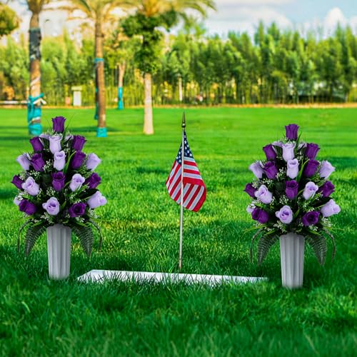 XONOR 2 Sets Artificial Cemetery Flowers, Grave Decorations Roses, Memorial Flowers Bouquet with Vase for Grave Cemetery Decoration (Dark Purple&Light Purple) - color: Dark Purple&light Purple