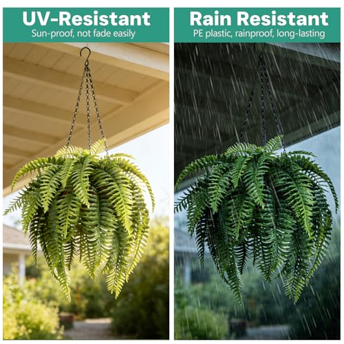 2 Set Fake Ferns with Hanging Baskets, Realistic Fake Hanging Plants, UV Resistant Artificial Ferns Outdoor Faux Plants for Front Porch Patio Garden Home Décor, No Assembly Required