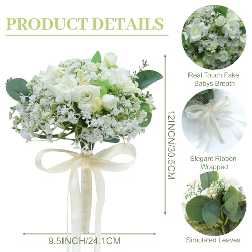 Artificial Bridesmaid Bouquets Set of 6 - Ivory White 9 Inch Flower Bouquet for Wedding Party Ceremony Dinning Table Centerpieces Decor Faux (Sweetheart Rose & Babys Breath & Ribbon) - color: Sweetheart Rose