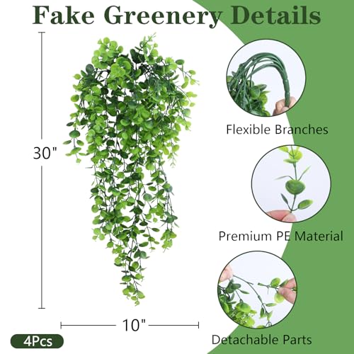 INQCMY Artificial Outdoor Plants Fake Hanging Greenery for Spring Summer Decoration, 4 pcs Realistic Faux Hanging Eucalyptus for Home Outside Garden Porch Patio Planters Basket - color: Eucalyptus