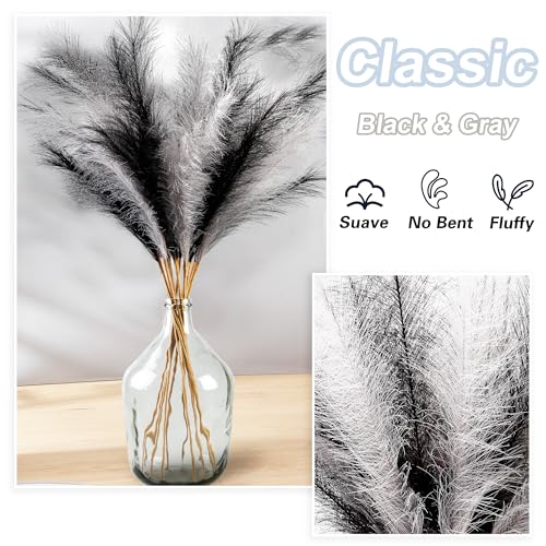 12 Pcs Black and Gray Faux Pampas Grass Decor 38"/3.1FT Tall Fake Pompas Floral Large Artificial Pompous Grass Branches Plants for Floor Vase Filler Home Boho Decoration - color: Black&gray