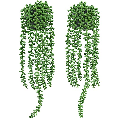 Floweroyal 2pcs Fake Hanging Plants Fake Potted String of Pearls Succulent Plants Small Faux Plants for Indoor Outdoor Shelf Wall Decor - color: Type2-green-2pcs