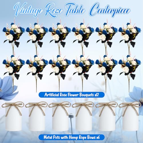Domensi 6 Sets Wedding Centerpiece for Table Artificial Rose with Vase Fake Bouquets and Metal Pot Flower Arrangements for Bridal Shower Birthday Party Event Table Decor (Dark Blue) - color: Dark Blue