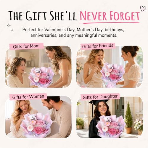 Preserved Flowers Bouquet with Bear, 3 Real Forever Flowers for Delivery, Long-Lasting Sweet Pink Eteranl Roses Bouquet, Anniversary Birthday Gifts for Women Mom Her Girlfriend Wife - color: Soft Pink