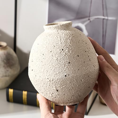 PORCER Ceramic Flower Vase, 6.22 Inch Rustic Farmhouse Vase Home Decor, Handcrafted Vintage Pottery Vase, Small Terracotta Vases for Living Room, Table, Shelf, Fireplace, Cream-White - color: Cream-white- 6.22"