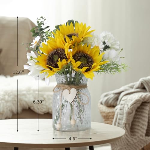 Artificial Sunflower Bouquets in Vase with a Flower Arrangement Holder - Centerpieces for Dining Room & Coffee Table Decor - color: White-yellow