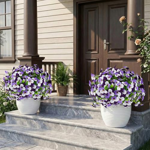 16 Pcs Artificial Pansy Flowers for Outdoors Purple Faux Silk Spring Flowers for Outside, UV Resistant Realistic Pansies for Window Front Door Porch Home Decor (16, Light Purple,White,Purple) - color: Light Purple,white,purple