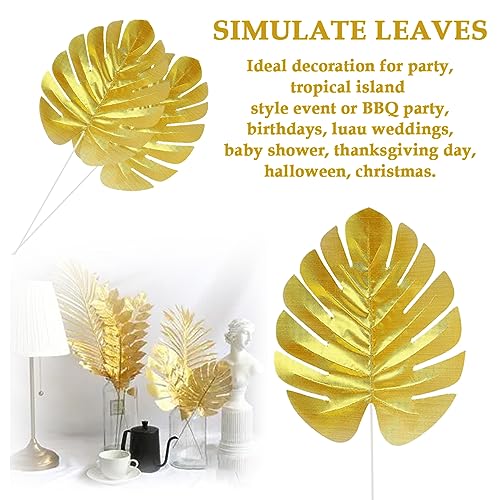 12 Pieces Artificial Palm Leaves, Golden Faux Tropical Monstera Leaves for Safari Jungle Hawaiian Luau Party, Table and Wall Decorations - size: 12.2x5.9 in