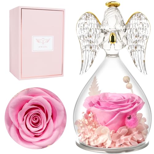 Miofula Gifts for Mom Birthday Gifts for Women, Preserved Flowers Rose in Glass Angel Figurines, Fresh Flowers for Delivery Anniversary Forever Real Roses Gifts for Mothers Grandma Her Wife Girlfriend - color: Pink