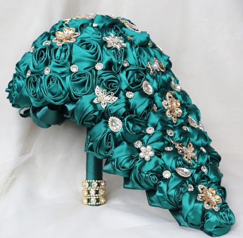 Luxury Cascade Bridal Wedding Bouquet Satin Rose Waterfall Holding Bouquet Artificial Flower Bunch for Bride Bridesmaid(Dark Green, 17.3" x 8.7") - color: Dark Green #3, size: 17.3"L x 8.7"W(44cm x 22cm)