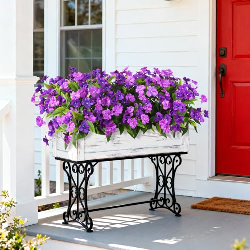 Artificial Impatiens Flowers for Outdoors, 6 Bundles Silk Fake Flowers for Spring Summer Decoration, UV Resistant Faux Plants Plastic Bouquet for Home Planter Porch Patio Yard Decor(Double Purple) - color: Double Purple