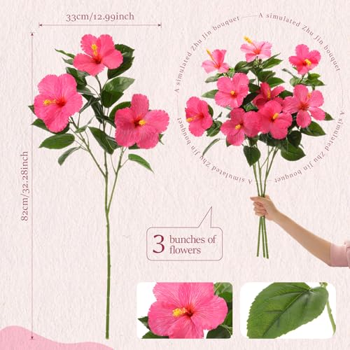 Hotop 3 Pack Artificial Hibiscus Flowers 33"x13" Silk & Plastic Tropical Bouquets Lifelike Blooms with Bendable Stems Faux Hawaiian Flowers for Home Living Room Wedding Patio (Rose Red) - color: Rose Red