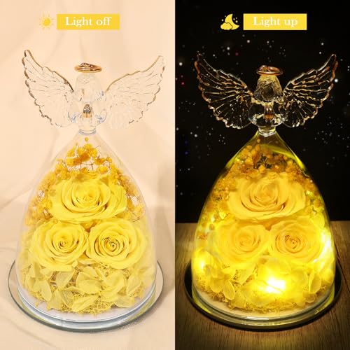 Mothers Day Flowers Gifts for Mom Flowers for Delivery Preserved Flowers Forever Real Fresh Roses in Glass Angel Figurines Birthday Gifts for Women Anniversary Present for Grandma Wife from Daughter - color: Yellow (Rose, Baby's Breath, Hydrangea)