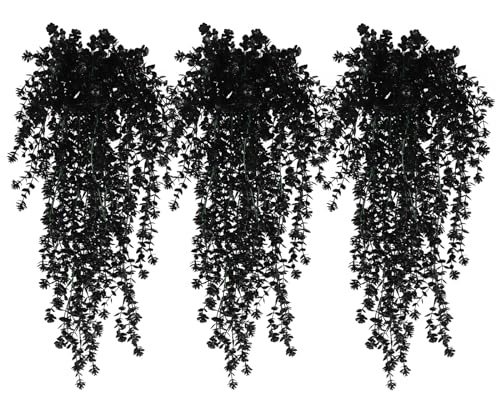 RECUTMS Black Hanging Flowers Faux Hanging Plants Black Artificial Hanging Plant Fake Greenery Faux UV Resistant Hanging Vines Plant for Indoor Outdoor Wedding Halloween Party Fall Wall Decor 3 Packs - color: Black, size: Hanging Plants