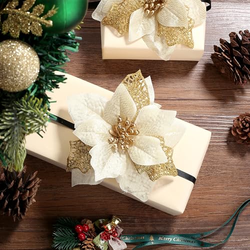 SITUMEIZI 24 Pcs Gold Poinsettia Artificial Christmas Flowers 5.5" Glitter Poinsettias Christmas Tree Decoration Flower with Stems & Clips for Wreath Xmas Tree New Year Party Ornament Wedding - color: Gold