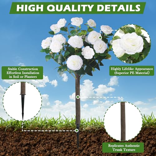 Sunnyglade 35.5" Set of 2 Artificial Camellia Tree, Faux White Camellia Flowers Plant with Spike Fake Silk Flora Topiary Plants Tree for Indoor, Garden, Yard, Porch, Patio Decoration - color: White