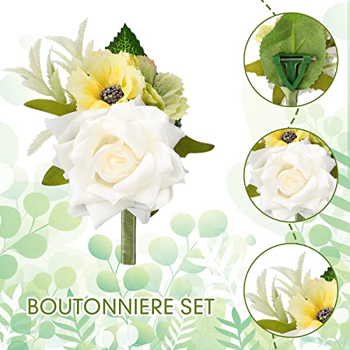 Jexine 12 Pcs Boutonniere and Corsage for Wedding Mother's Day Party Flower Wrist Corsages with Pins for Men Women Groom Bride Groomsmen Prom Ceremony Anniversary Dinner Decor(White) - color: White