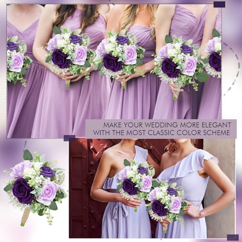 Purple Bridesmaids Bouquets Set of 6 - 7 Inch Artificial Flowers Bridesmaid Bouquet for Wedding Pre-Made Rustic Rose Small Floral Bouquets for Bridal Shower Marriage Proposal Party Anniversary Decor - color: Purple, size: 6pcs