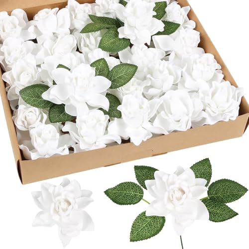 IPOPU 25PCS Gardenia Flowers Artificial 3.15’’ Foam Fake Rose Heads White Faux Gardenia Flowers with Stems for Wedding Bouquet Bridal Shower Party Home Floral Arrangements(White) - color: White
