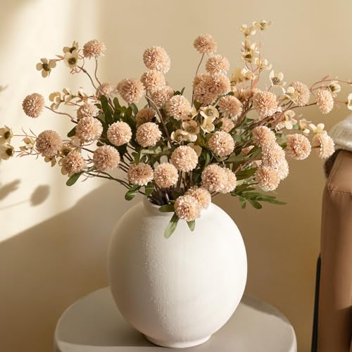 HyeFlora Fake Kiku Flowers, Faux Silk Pompon Mums Artificial Flowers, Chrysanthemum Stems Floral Arrangement Dried Flowers Vintage Decorative Indoor Home Decor Beige with Wax (Vase not Included) - color: 8pcs-beige Wax&kiku