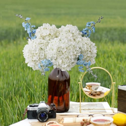 ZYTUYO 3PCS White Hydrangea Artificial Flowers 25.6" Large Fake Hydrangeas Flowers with Stems Faux Silk Bouquet for Indoor Home Decor Table Wedding Party Floral Outdoor Centerpieces - color: White