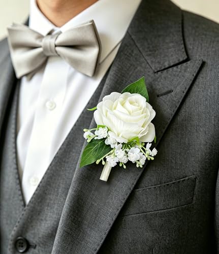 10Pcs Ivory White Rose Men Boutonnieres for Wedding Prom Party | Groomsmen Groom and Man Boutonniere for Wedding Prom, Rose Boutonniere for Men Wedding Ceremony Anniversary Party Homecoming - color: White Boutonniere 10pcs