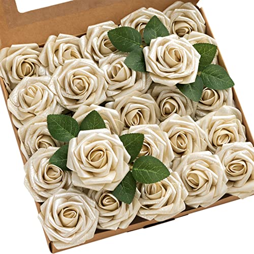 Ling's moment Artificial Flowers 25Pcs Champagne Gold Roses Decor w/Stems, 3" Real Touch DIY Foam Floral for Wedding Bouquet/Centerpieces, Outdoors Party Backdrop, Room/Table, Christmas Decor - color: Gld- Champagne Gold Rose, size: 25Pcs