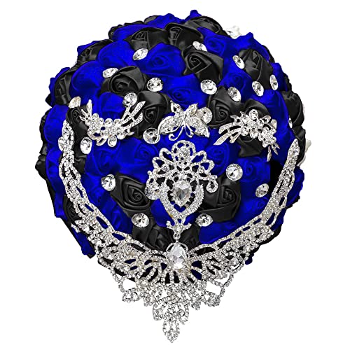 Sharebeauty 7.1 Inch Handmade Satin Rose Bridal Bouquet Toss Round Wedding Bouquet Throw Toss Artificial Flower Bunch Black + Royal Blue - color: W28714 Black/Royal Blue, size: 7.1"/18cm