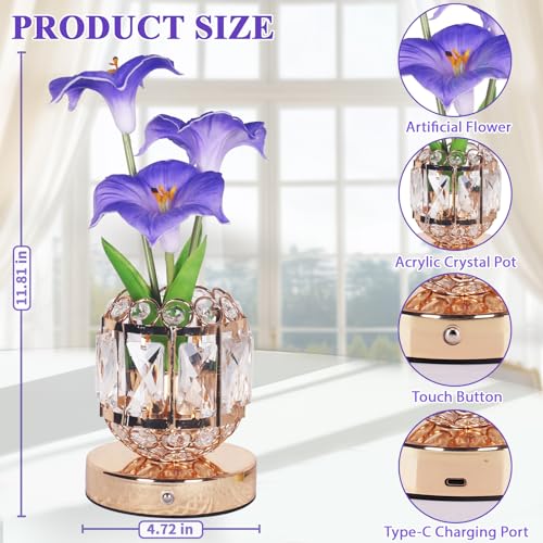 Flower Table Lamp, 3-Color Dimmable Artificial Flowers Night Light, Rechargeable Cordless Small Desk Lamp, Morning Glory with Crystal Vase for Party Date Home Decoration (Purple - Morning Glory) - color: Purple - Morning Glory