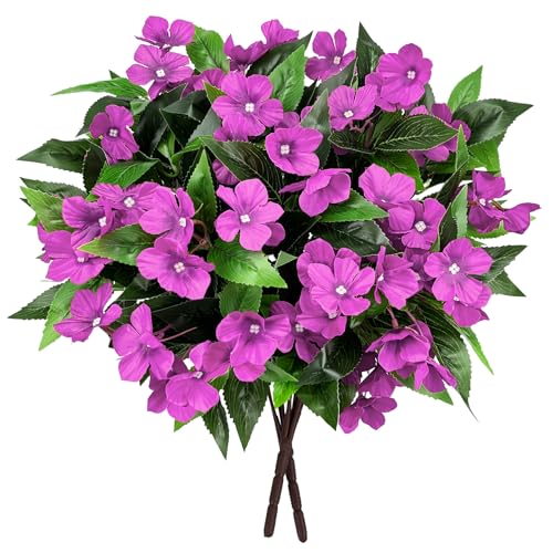 Roberly 6 Bundles Artificial Flowers for Outdoors, Faux Silk Catharanthus Roseus Flowers Bouquet Fake Greenery Plant for Spring Summer Garden Patio Porch Window Box Table Home Decor, Purple - color: Purple