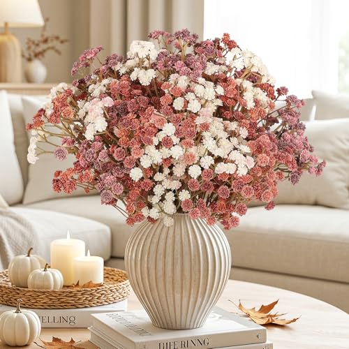 Baby Breath Flowers Fall Flowers Artificial Bulk, 10Pcs Fall Decor Fake Gypsophila Plants Bouquets Flowers Real Touch Faux Babies Breath Arrangement for Home Autumn Wedding Vase Decoration Fall Orange - color: Fall Orange, size: 10pcs-Standard