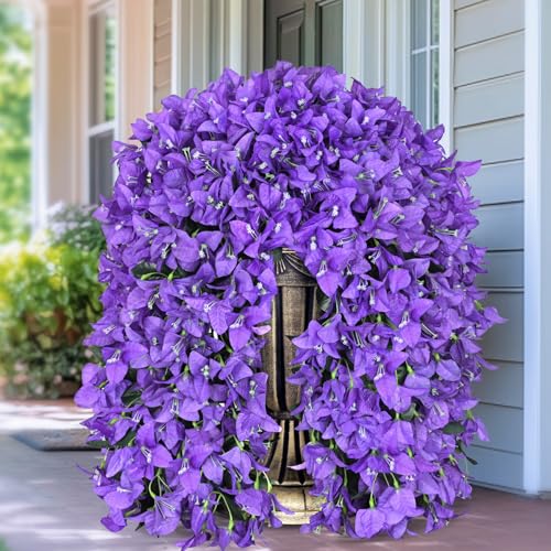 4 Pcs UV Resistant Artificial Flowers for Outdoors, Realistic Faux Silk Bougainvillea Flowers, Fake Hanging Plants for Porch Patio Balcony Decoration (Dark Purple) - color: Dark Purple, size: 4 Pcs