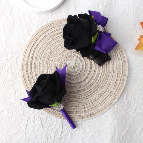 Black Rose Wrist Corsage and Boutonniere Set Rose Corsage Wristlet for Wedding Prom Party Homecoming Decoration Set of 2 (Purple and Black) - color: Purple and Black
