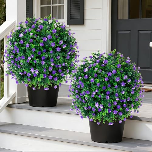 Grooy Artificial Boxwood Topiary Tree with Flower, Set of 2 Artificial Shrub Bushes with Ground Spike, Fake Evergreen Tree for Porch, Artificial Plants for Outdoor Planters Indoor UV Resistant - color: Purple Flower