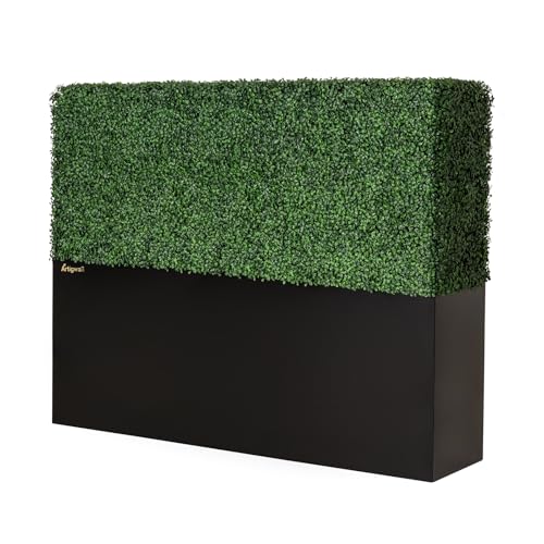 Artificial Boxwood Hedge Wall with Black Steel Planter Box, Outdoor Greenery Fake Faux Grass Panels, Privacy Divider Fence for Patio, 60" L X 48" H X 14" D - size: 60" L X 48" H X 14" D