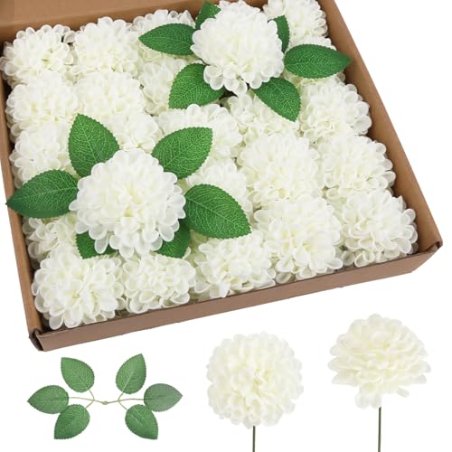 Foam Dahlia Flowers,25Pcs Ivory Faux Flowers Realistic Fake Dahlias Artificial Roses with Stem for Wedding Party Bridal Shower Mirror Wall Home Decorations (Ivory) - color: Ivory