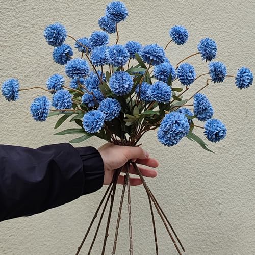 Kinisty 8 Pcs Artificial Flowers Blue Faux Silk Pompon Mums, 20" Long Stem Fake Chrysanthemum Bouquet for Vase Farmhouse Home Decor, Wedding Centerpiece - color: Blue