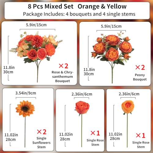 8 Pcs Mixed Autumn Artificial Peony Flower Set-4 Bouquets & 4 Stems, Orange Yellow Fake Peony Sunflower Rose Silk Flower for Fall Table Centerpiece Farm Wedding Thanksgiving Halloween Home Decor - color: Orange & Yellow, size: Mixed 8pcs