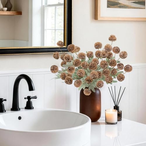 INQCMY Artificial Flowers 12 Pcs Fake Chrysanthemums Faux Kiku Flower Long Stem 20" Realistic Silk Pompon Mums for Vase Wedding Bouquets Centerpieces Home Decor (Coffee) - color: Coffee