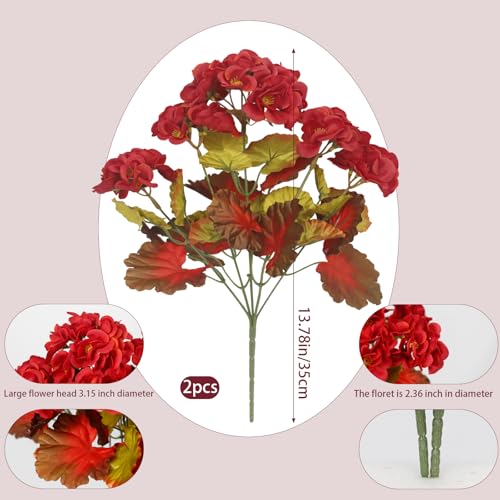 CISDUEO 2 Pcs Fall Flowers Artificial for Decoration Fake Geraniums Red Faux Mums for Outdoor Planters Realistic Faux Fall Flowers Plants for Front Door Porch Autumn Garden Patio Balcony Yard Indoor - color: Fall - Red