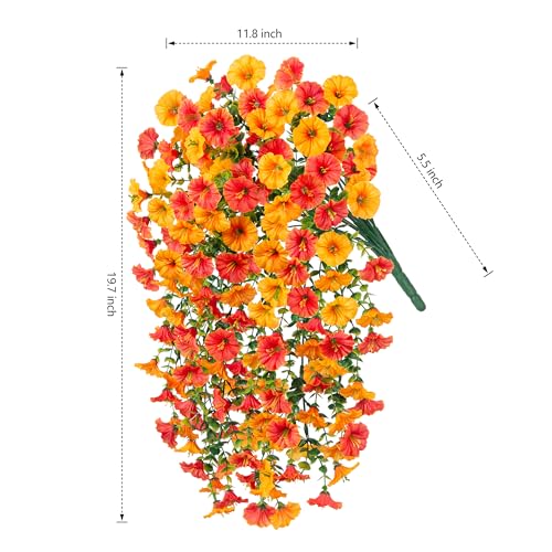 Artificial Faux Fall Hanging Flowers Plants for Outdoor Decor,2 PCS Fake Silk Morning Glory with Eucalyptus UV Resistant Realistic Vine for Wall Home Porch Patio Balcony Yard Decor,Yellow and Orange - color: Yellow+orange