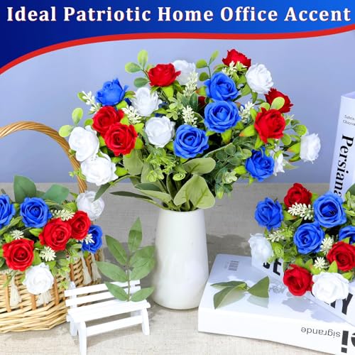 4 Bouquets Artificial Red White and Blue Patriotic Flowers 4th of July Decorations USA 250th Anniversary, Outdoor UV Resistant Realistic Fake Silk Roses Memorial Flowers for Cemetery Veterans Home - color: Red,white,blue