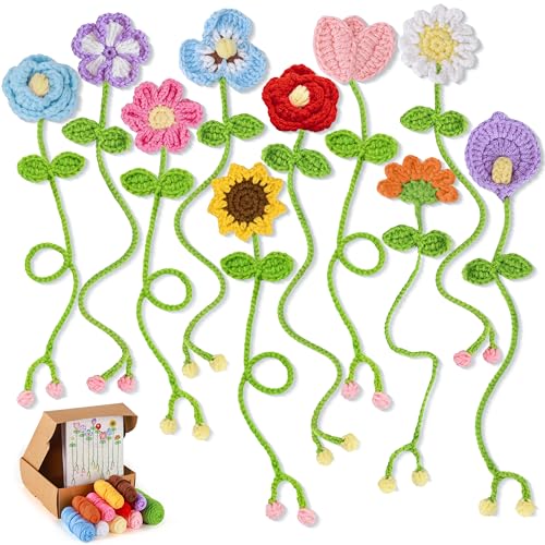 Joyclub Crochet Kit for Beginners 10 Flower Bookmarks Crochet Starter Kits with Step-by-Step Video Tutorials and Instructions DIY Craft Gift for Adults Book Lovers Mother Teacher Student - color: Crochet Bookmark