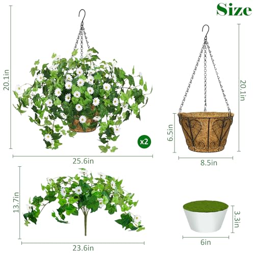 Krissing 2 Pack Artificial Hanging Flowers with Baskets for Outdoors UV Resistant Fake Ivy Plants Greenery Faux Silk Daisy Flowers for Outdside Garden Porch Balcony Summer Home Decor (White) - color: White, size: 6pcs with 2 baskets