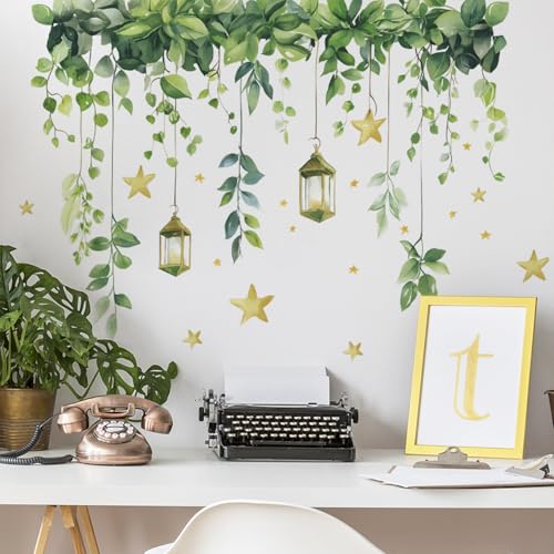 Green Plants Leaves Wall Decals Removable Hanging Vines Wall Stickers Peel and Stick Vinyl Waterproof Wall Decor for Bedroom Living Room Bathroom Classroom Decorations - style: Green Plants