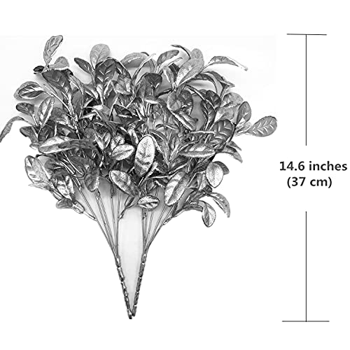 CATTREE Artificial Silver Leaves Christmas Plants 4 Pack, Plastic Leaf Bouquet Faux Gold Plant Fake Shrubs Simulation Bushes for Wedding Hall Table Centerpieces Floral Arrangement Filler DIY Décor - color: Silver Leaves Round Edge- 4 Pcs