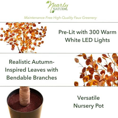 Nearly Natural 6-FT Pre-lit Artificial Autumn Eucalyptus Tree with 300 Warm White LED Lights, Faux Eucalyptus Tree with Fall Colors for Home & Office Décor in Black Nursery Planter