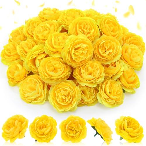 Thiccywoov 50 Pcs Artificial Flowers, 3.2 Inches Silk Rose Head Flowers Fake No Stem for Wedding Bridal Bouquet Home Floral Decor DIY Centerpieces Arrangements Party Tables Decoration(Yellow) - color: Yellow