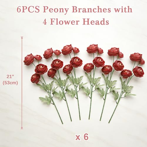 Artificial Silk Peony Fake Flowers,6PCS Artificial Faux Peonies Bulbs with 24 Silk Heads for Indoor Outdoor DIY Bouquets Wedding Centerpieces Home Decoration - color: Wine Red