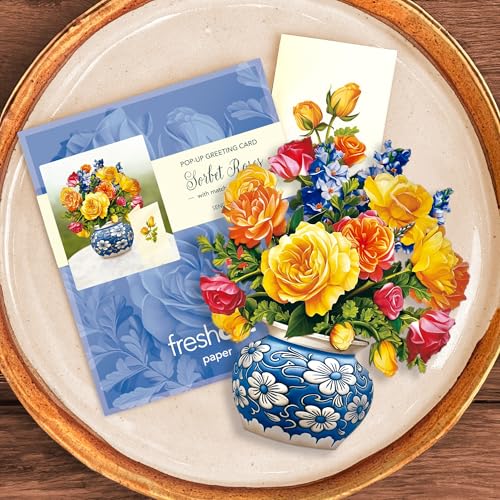 Freshcut Paper Pop Up Cards, Mini Sorbet Roses, 6 Inch Life Sized Forever Flower Bouquet 3D Popup Greeting Card, Birthday Cards, Thank You Card, Blank Notecard & Envelope - color: Sorbet Roses, size: Mini